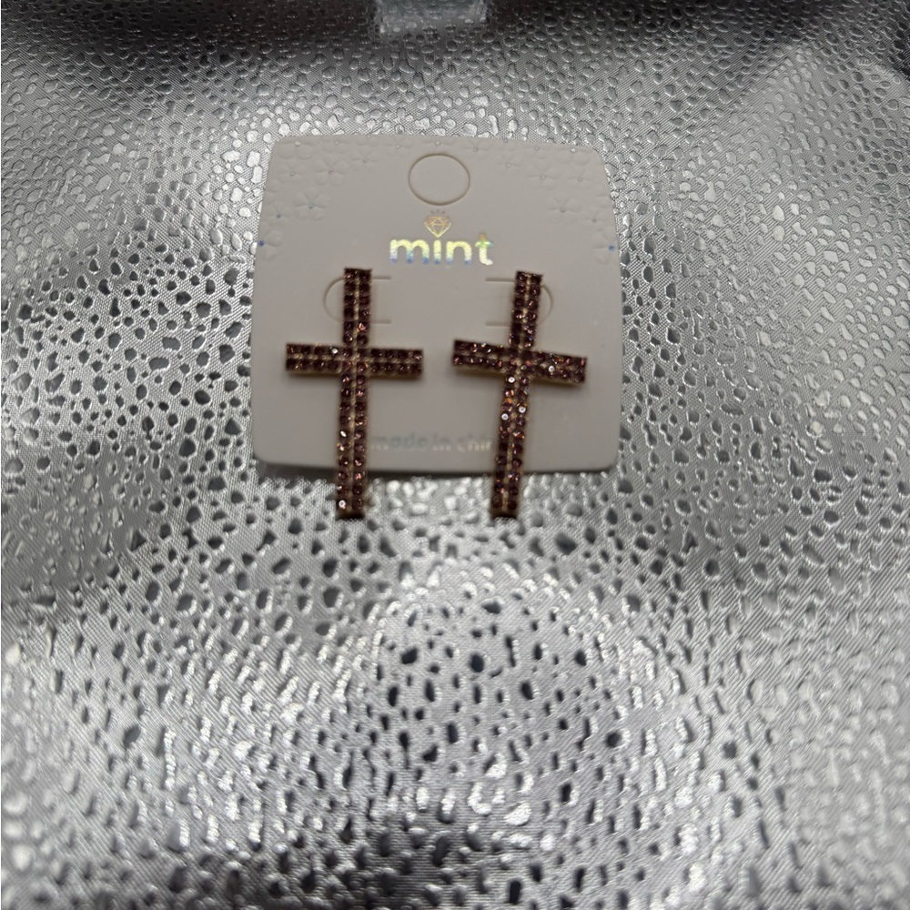 Mint Cross Earrings with Dark Brown Accents